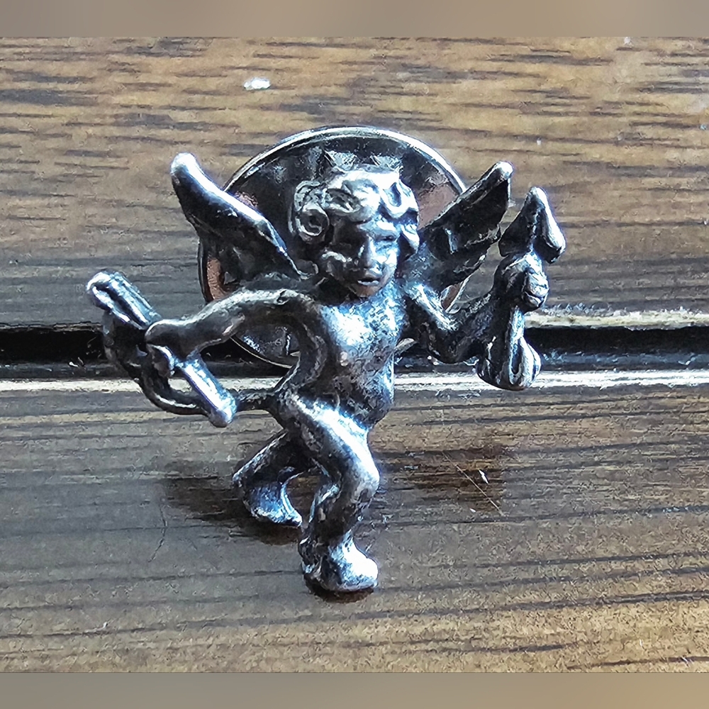 Vintage Cupid, Cherub Bow And Arrow Sterling Silver Angel Pin, Love, Valentines